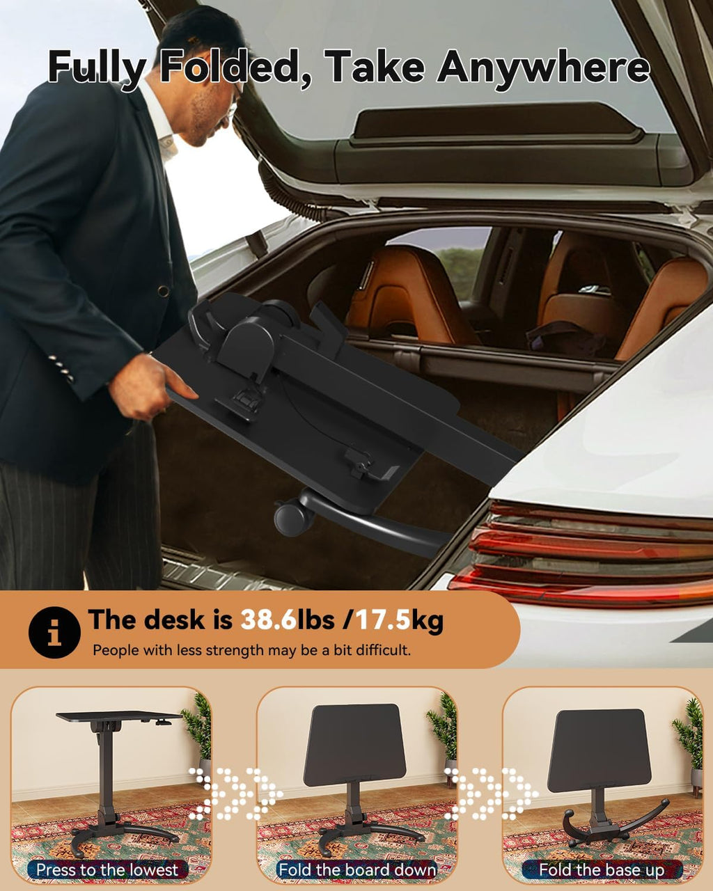 JOY worker Foldable Mobile Standing Desk, Upgraded Height Adjustable Rolling Desk, Max Height 47.6', 90° Tiltable Board & Base, Portable Workstation with Moveable Wheels, Holds Up to 22lbs, Black