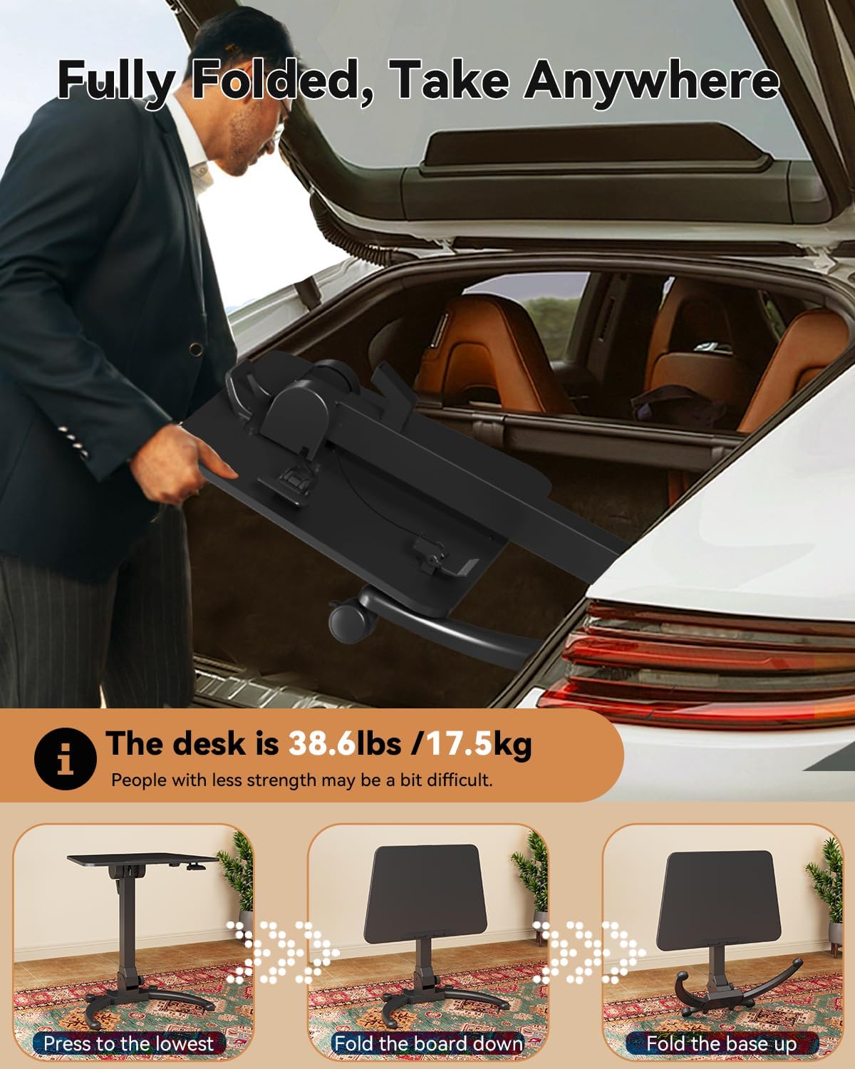 JOY worker Foldable Mobile Standing Desk, Upgraded Height Adjustable Rolling Desk, Max Height 47.6', 90° Tiltable Board & Base, Portable Workstation with Moveable Wheels, Holds Up to 22lbs, Black