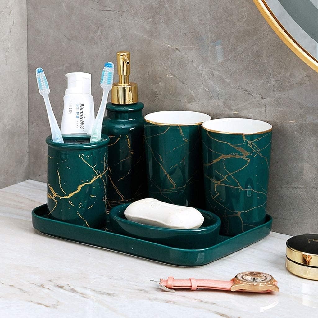 Vanity Bathroom Decor, Nordic Ceramics Bathroom Accessories Set Imitation Marble Toothbrush Holder Soap Dispenser Cup Soap Dish Housewarming Gift(White Black,6pcs)