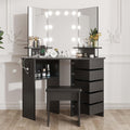 Makeup Vanity Desk with Lights & Power Outlet, Corner Vanity Table with 5 Rotating Drawers,3 Color Lighting, Brightness Adjustable, Shelves and Stool, Dressing Table for Women Girls