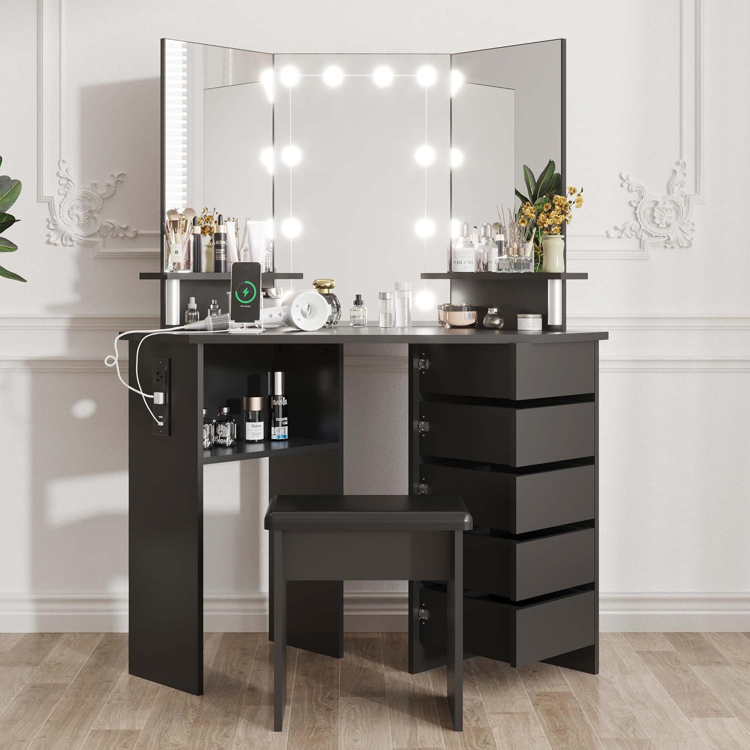 Makeup Vanity Desk with Lights & Power Outlet, Corner Vanity Table with 5 Rotating Drawers,3 Color Lighting, Brightness Adjustable, Shelves and Stool, Dressing Table for Women Girls