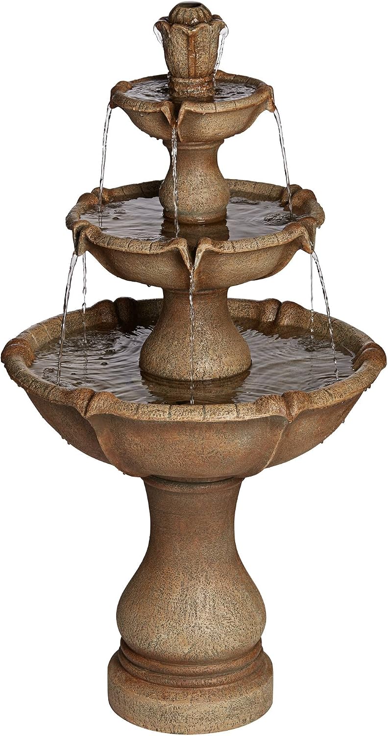 Arosco Modern Rustic Outdoor Floor Water Fountain with Light LED 43' High 3-Tiered Resin for Garden Patio Yard Deck Home Lawn Porch House Relaxation Exterior - John Timberland