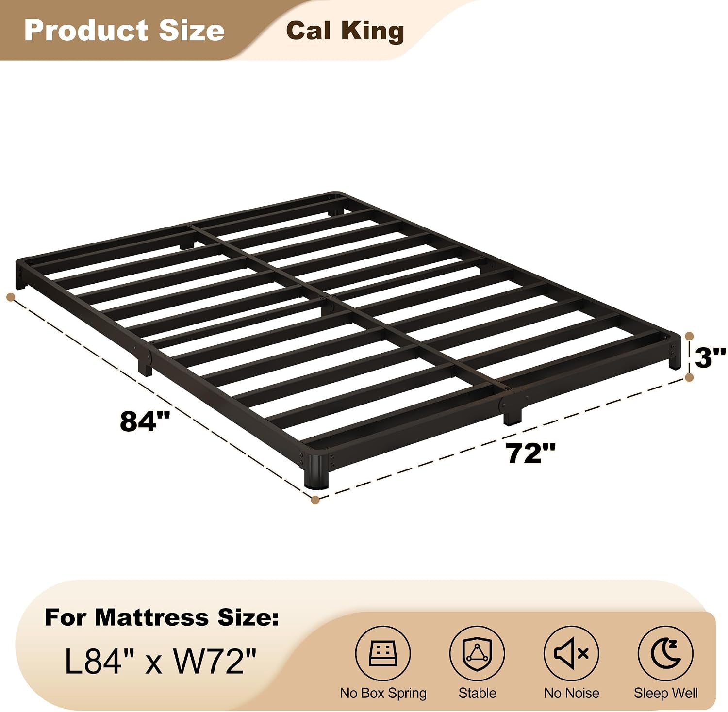 Likelalaso 3 inch Low California King Bed Frame with Rounded Corner, Heavy Duty Metal, Easy Assembly, Noise Free, Black