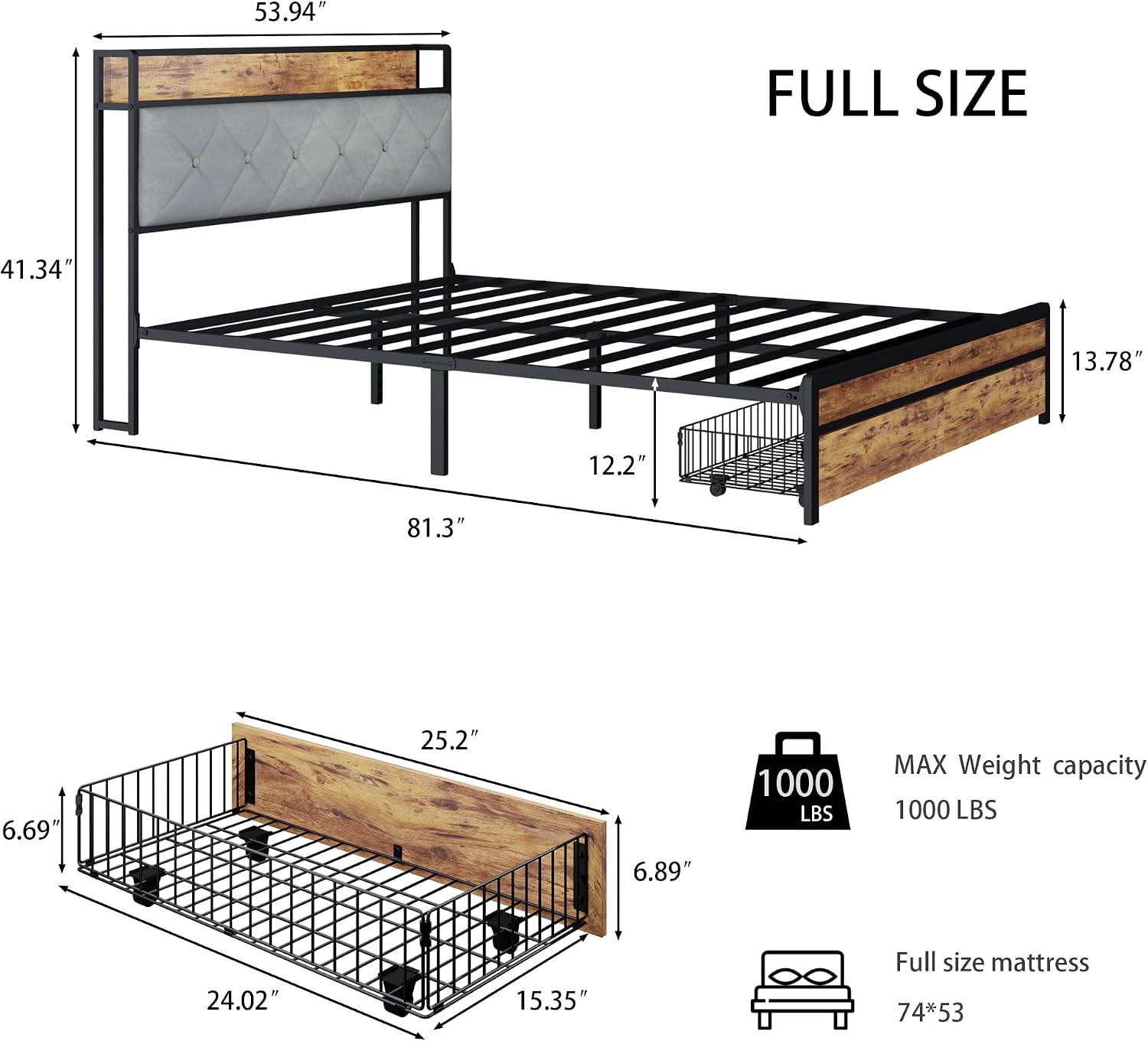 Full Size Metal Platform Bed Frame with Velvet Button-Tufted Headboard, 2 Storage Drawers, LED Light & USB Charging Port, Heavy Duty, Brown Wooden Panel, No Box Spring Needed (Brown, Full)