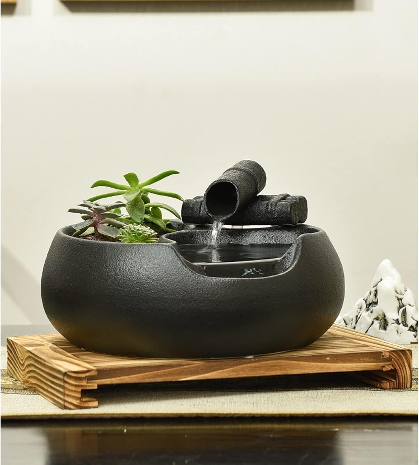 Ceramic Tabletop Fountain with Pump and Wooden Base – Indoor & Outdoor Office, Patio, Living Room Water Fountain Decor