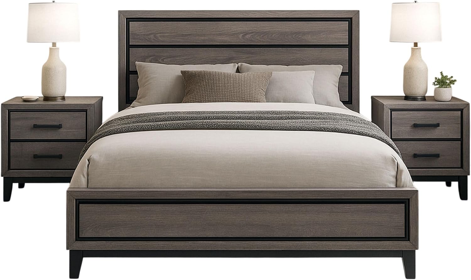 Kings Brand Furniture 3-Piece Deep Gray Finish with Tapered Legs & Matte Black Hardware Bedroom Set – Rustic Bedroom Furniture King Size Wood Bed Frame with 2 Nightstands