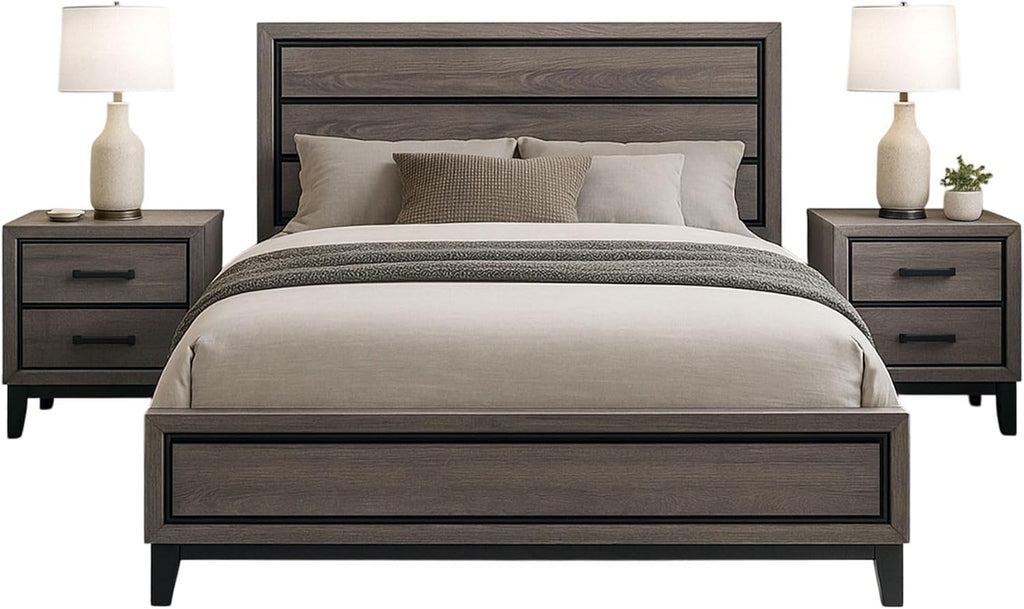 Kings Brand Furniture 3-Piece Deep Gray Finish with Tapered Legs & Matte Black Hardware Bedroom Set – Rustic Bedroom Furniture Wood Bed Frame with 2 Nightstands (Queen)