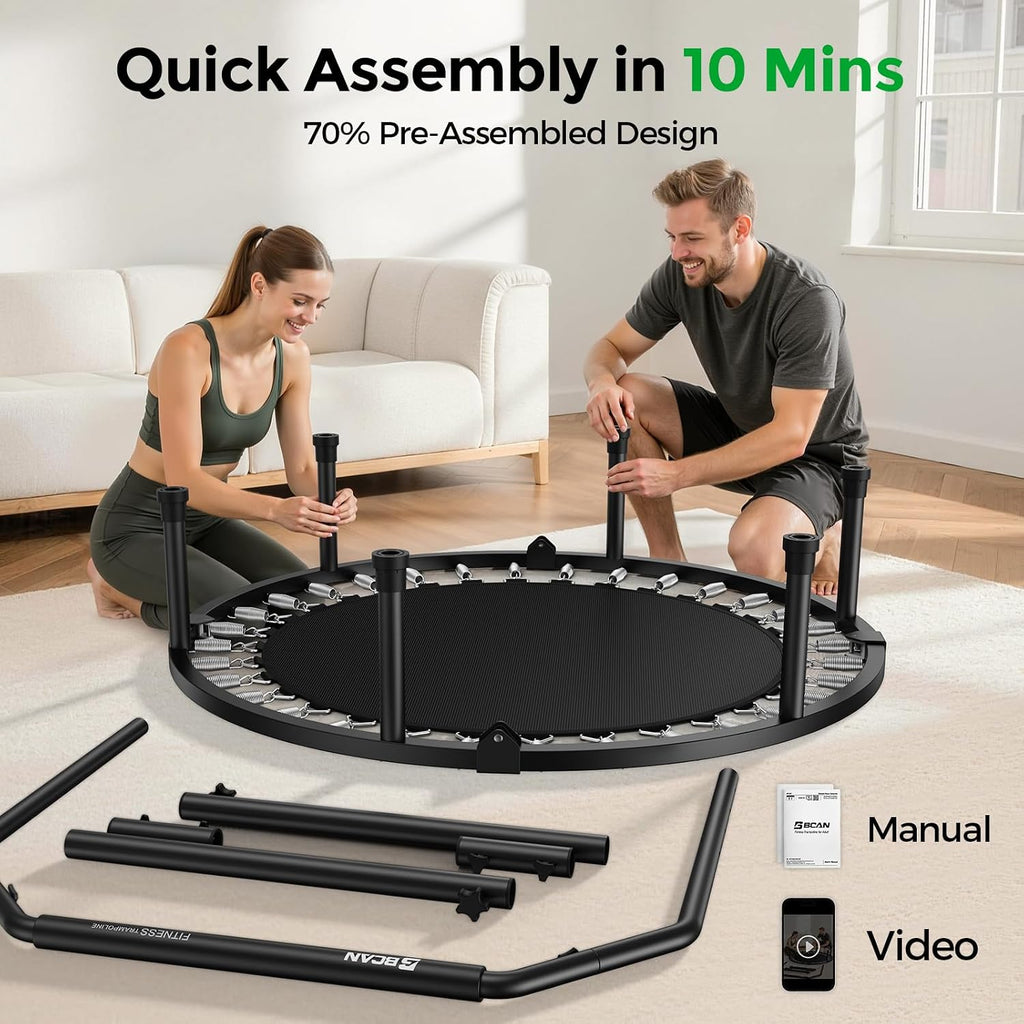 BCAN SP2 40/48' Foldable Mini Trampoline Max Load 330lbs/440lbs, Fitness Rebounder with Adjustable Foam Handle, Exercise Trampoline for Adults Indoor/Garden Workout | FED Fitness