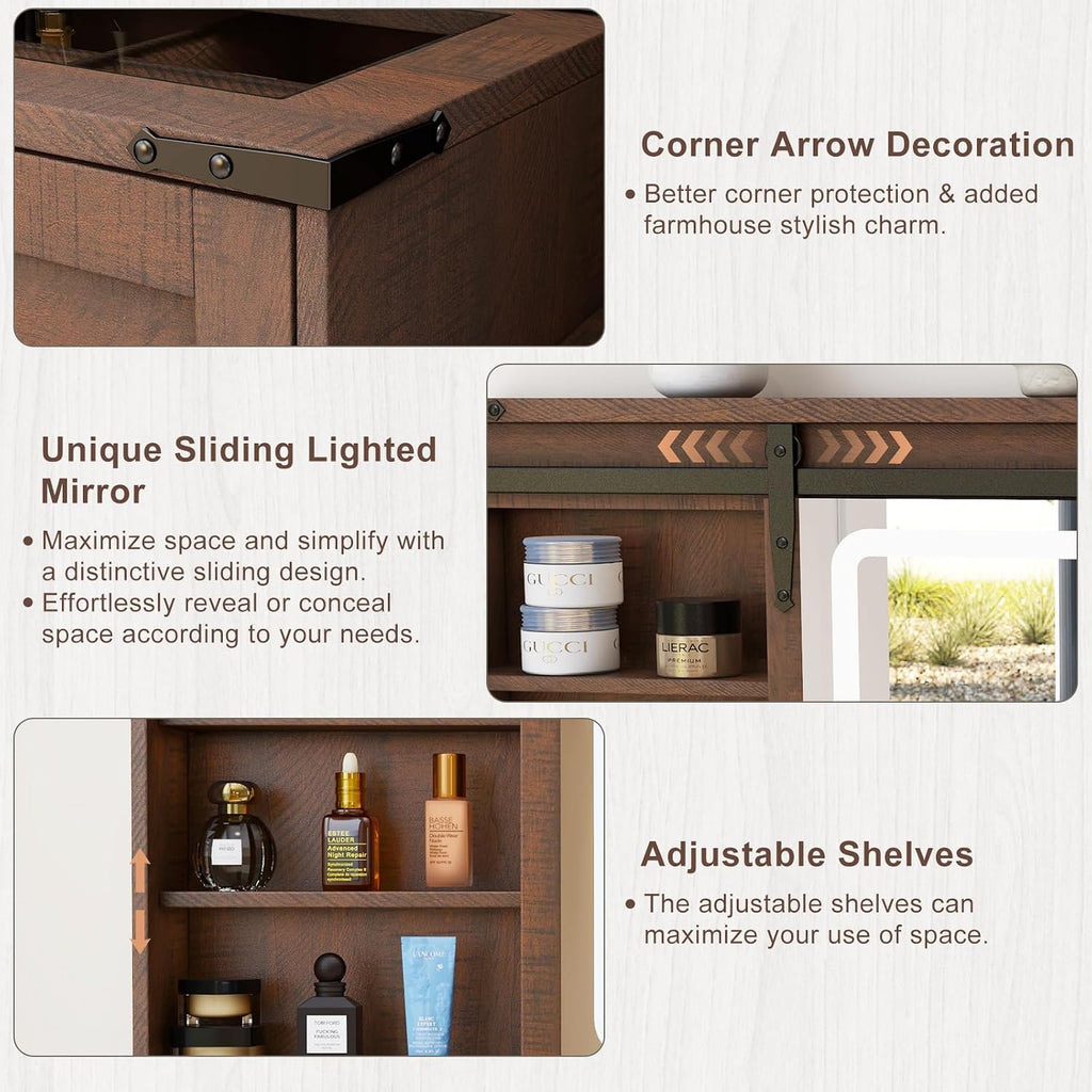 Farmhouse Makeup Vanity Desk with Sliding Mirror and Lights, 42 Wood Vanity Table Set with Glass Top, Power Outlets, Jewelry Storage Cabinet, 4 Drawers, Stool for Country Room Decor, Vintage Cocoa