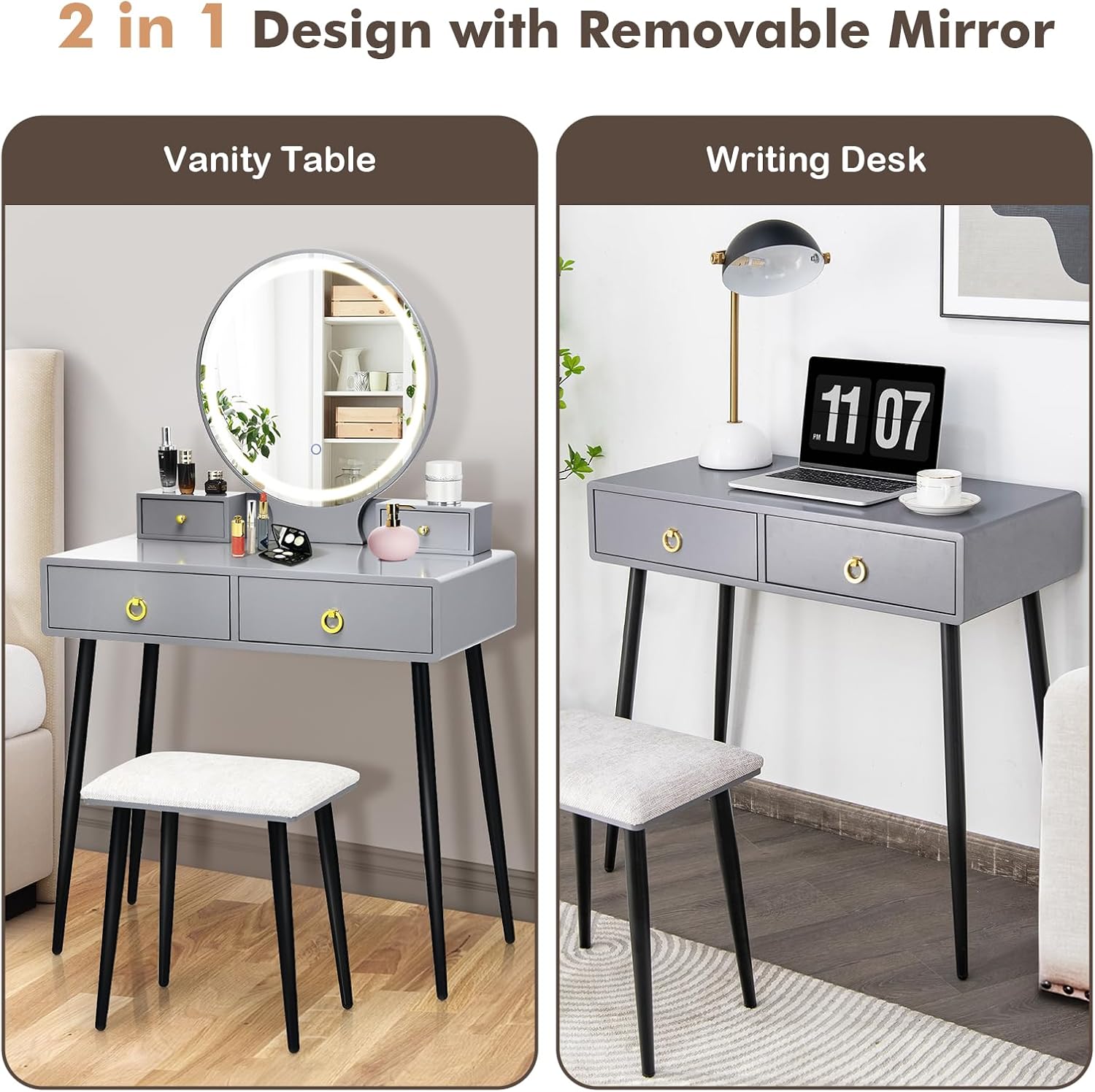 COSTWAY Vanity Table Set with Mirror and Lights, Makeup Dressing Table w/ 3 Color Lighting Modes & Adjustable Brightness, Vanity Mirror with Desk and Cushioned Stool for Women Girls (Grey & Black)