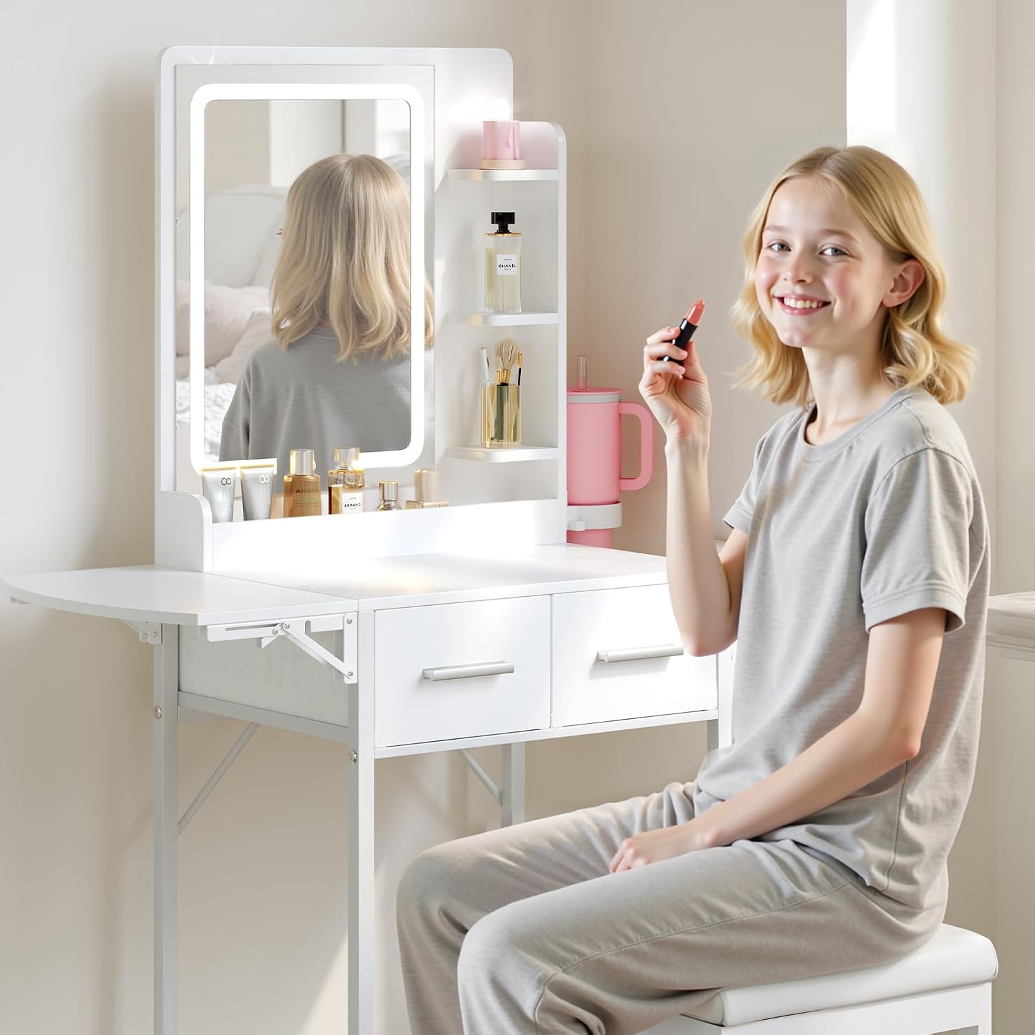 Small Vanity Desk for Compact Space: Mini Makeup Table Set for Bedroom - Tiny White Vanity with Mirror for Girls