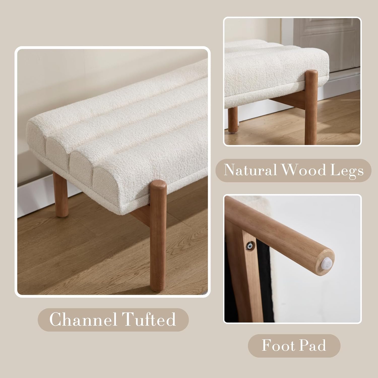 47' Modern Upholstered End of Bed Bench, Beige Chenille Channel Tufted Entryway Bench with Wood Legs, Comfy Bedroom Bench Long Ottoman for Living Room Hallway Vanity Room