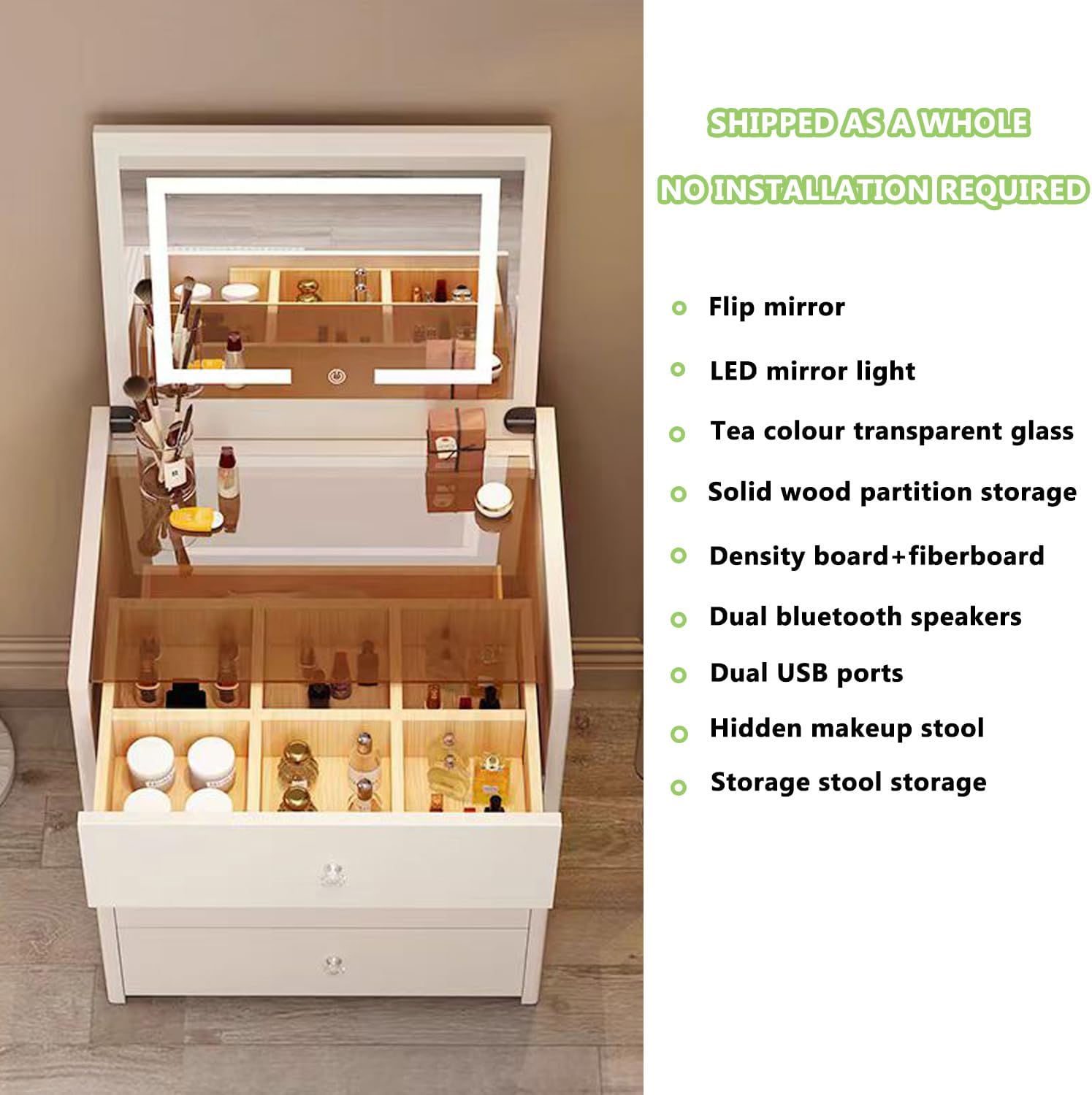 3 in 1 Compact Corner Vanity with Dual Speakers, USB Charging & Flip Mirror Light, No Assembly Required (27.5in)