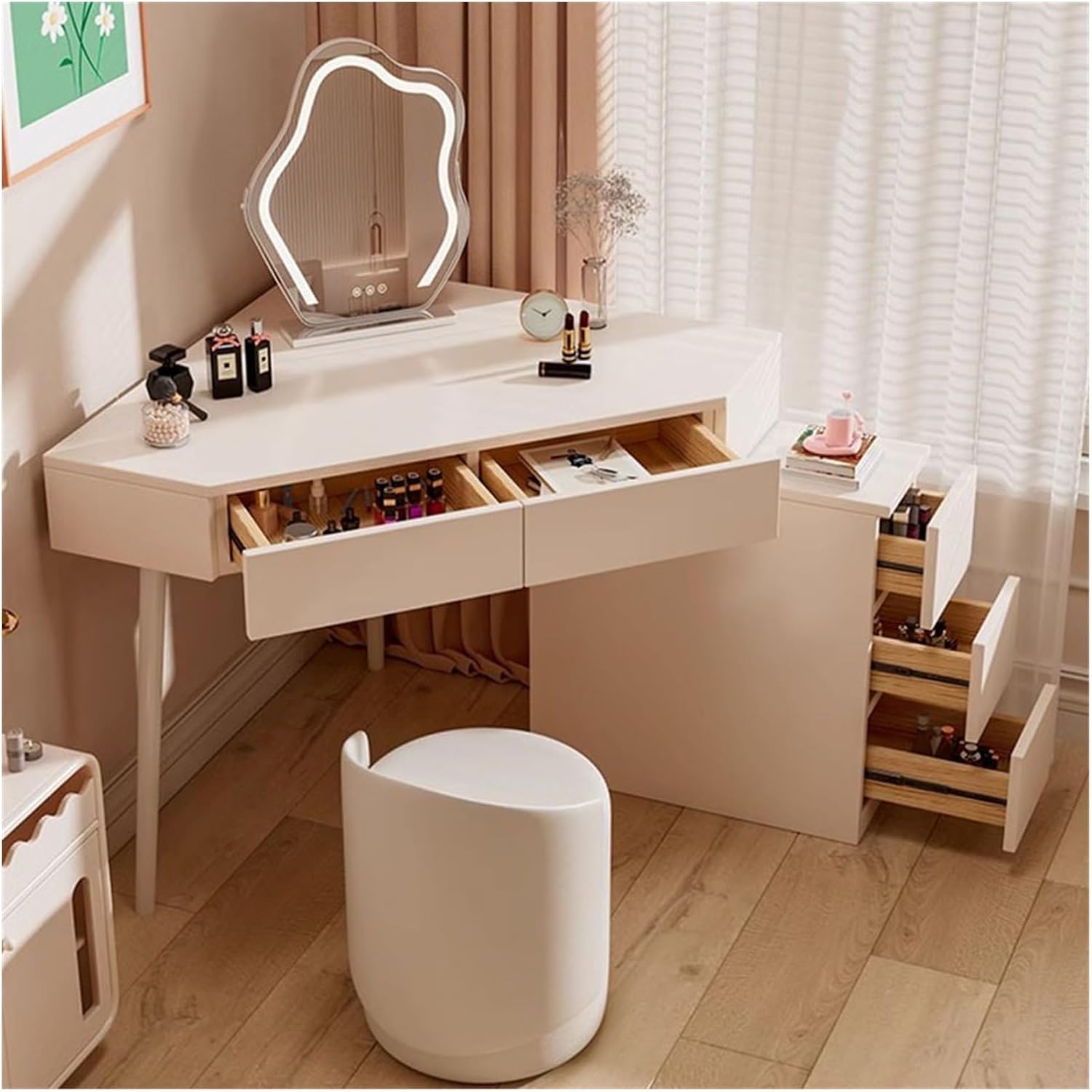 Makeup Vanity Desk Modern Vanity Desk, White Corner Table, Small Space Makeup with Mirror and 5 Drawers(Medium)