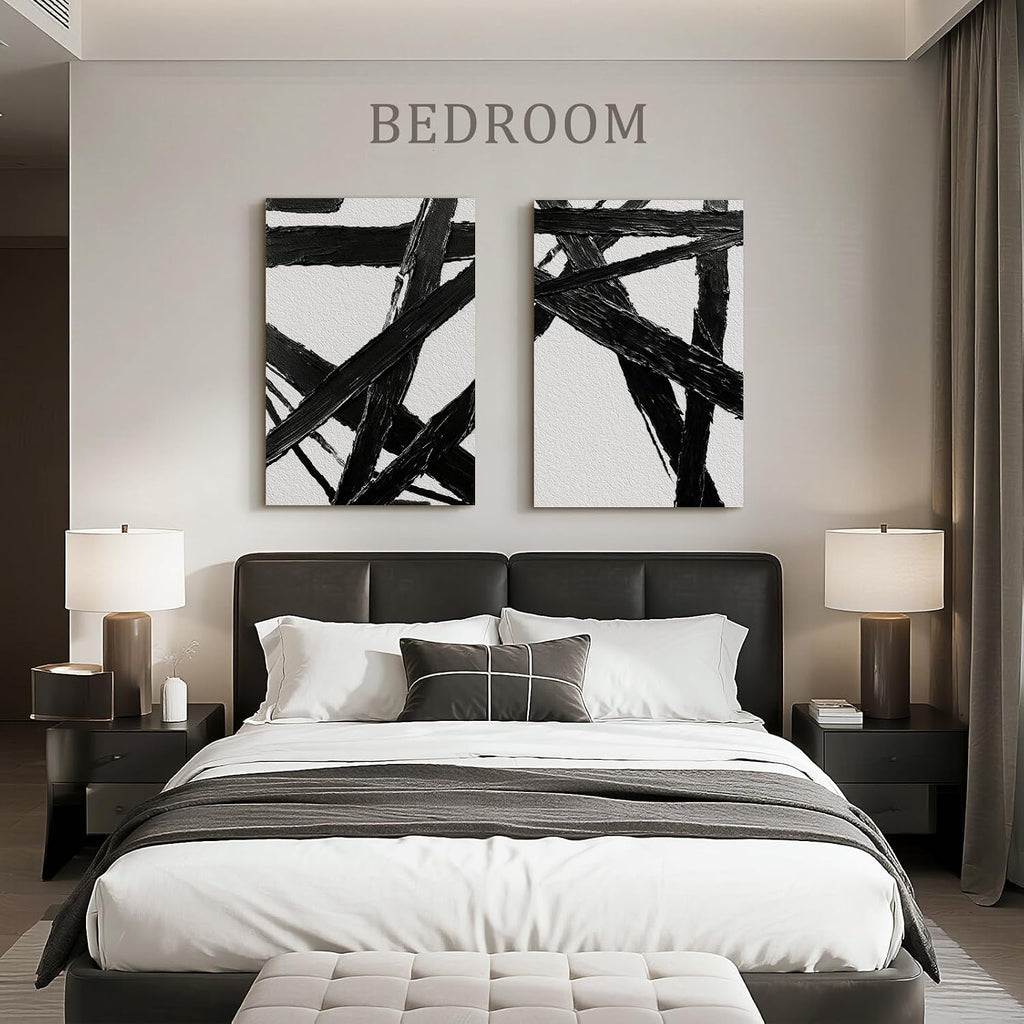 Bzstyleart Large Abstract Wall Art for Living Room, Set of 2 Black and White Modern Neutral Wall Art Hallway Office Bedroom, Boho Modern Minimalist Print Painting Large Abstract Artwork, 24 x 36 Inch