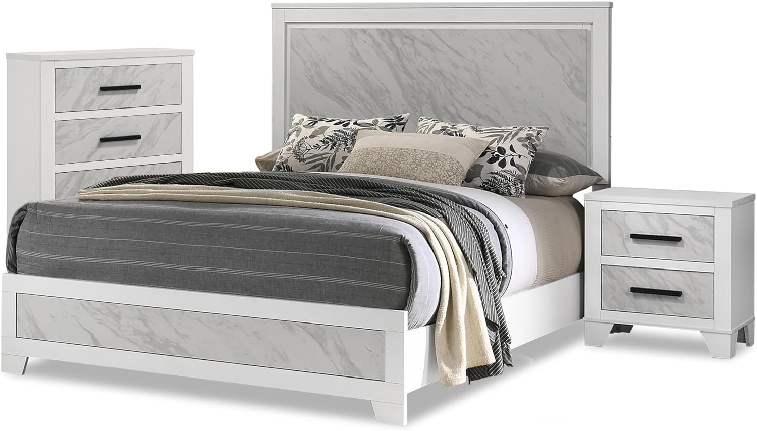 Furniture of America Anton Modern Solid Wood 3-Piece Bedroom Set with Faux Marble Headboard Bed, Metal Center Glide on Nightstand and Chest, Box Spring Needed for Bedroom, Guest Room, Full, White