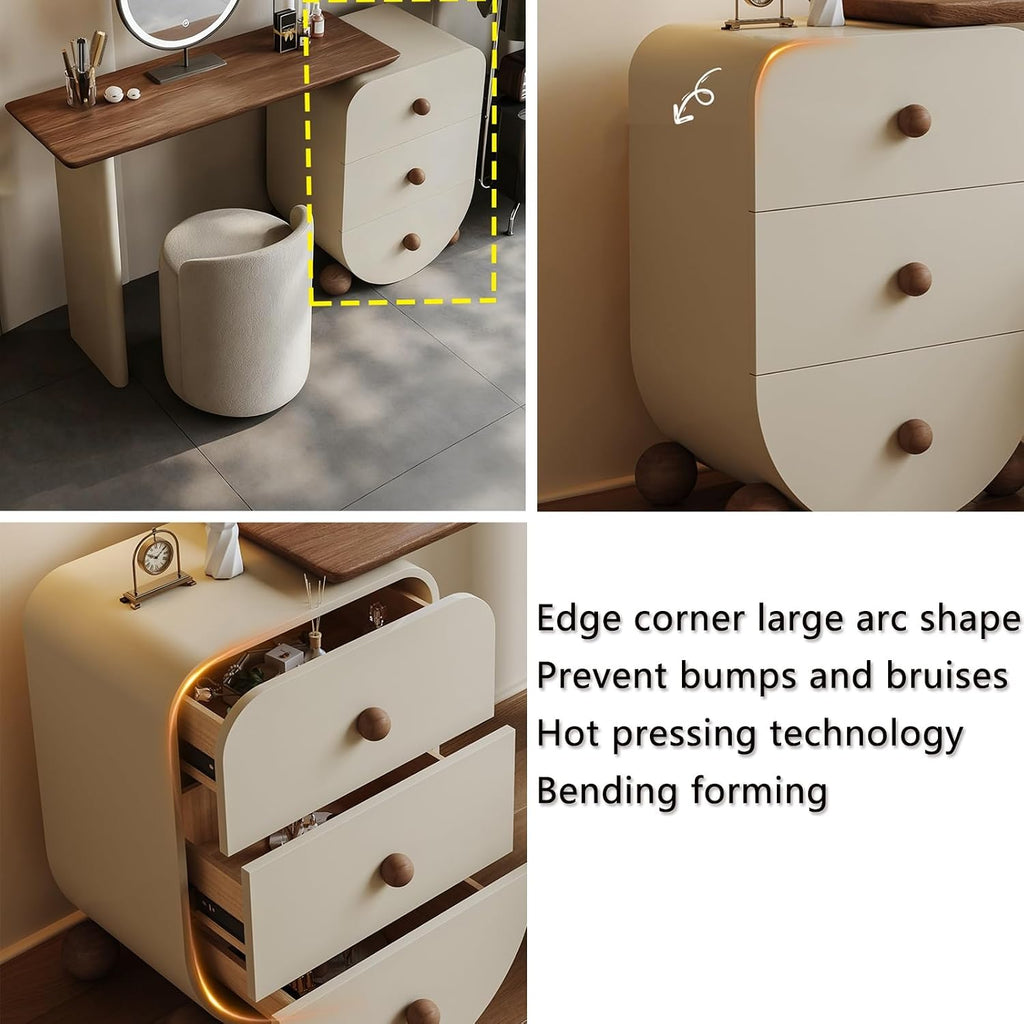 Makeup Vanity Desk ，Spacious Desktop, Three-Tier Side Cabinet, Freely extendable with 90° Corner Rotation, Reinforced Spherical Creative Cabinet Legs, Multi-Layer Solid Wood Frame and Drawers