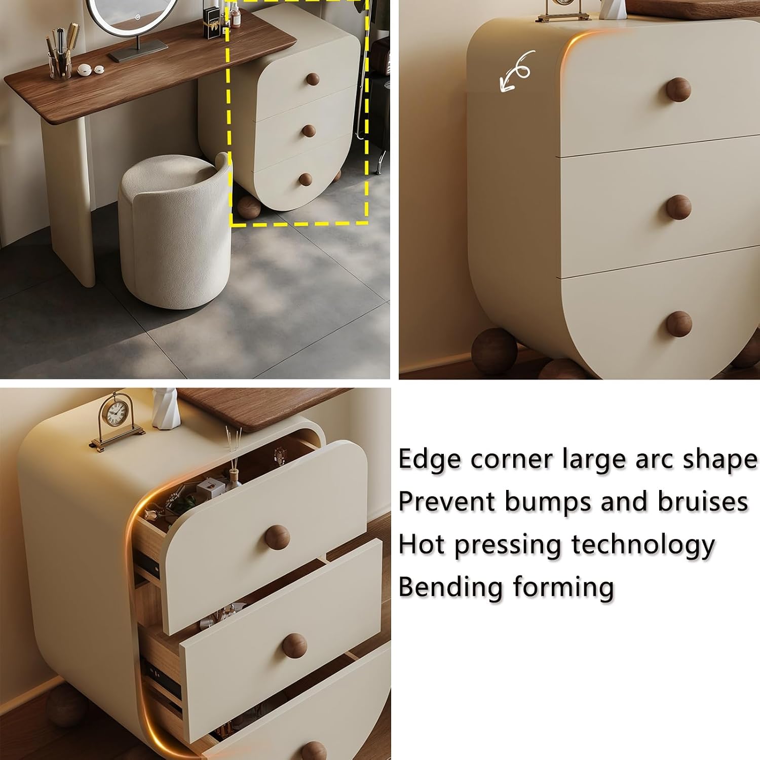 Makeup Vanity Desk ，Spacious Desktop, Three-Tier Side Cabinet, Freely extendable with 90° Corner Rotation, Reinforced Spherical Creative Cabinet Legs, Multi-Layer Solid Wood Frame and Drawers