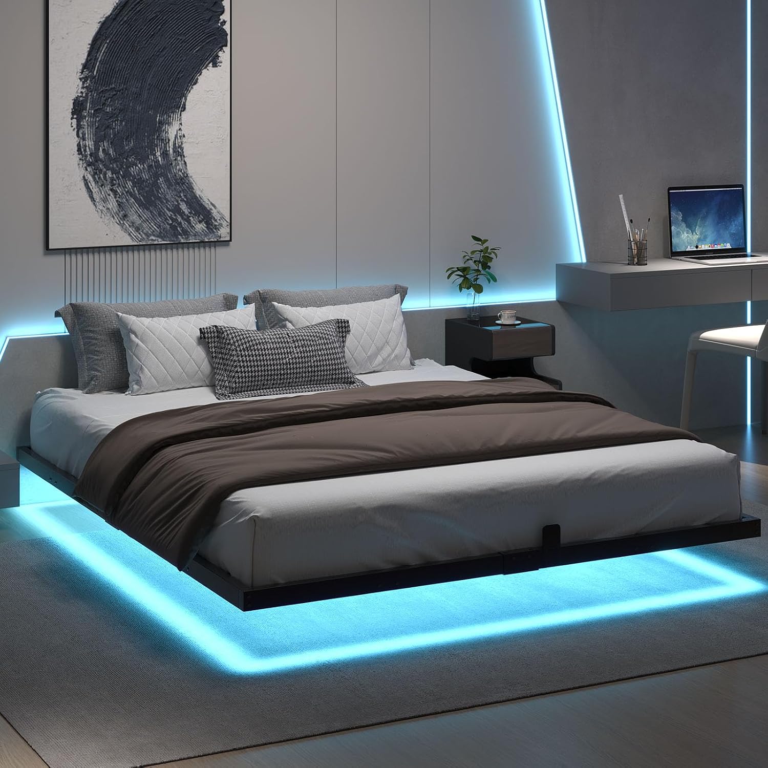 HOMBCK Floating Bed Frame King with LED Lights, Industrial Style Metal Bed Frame, No Box Spring Needed, Easy to Assemble, Noise Free