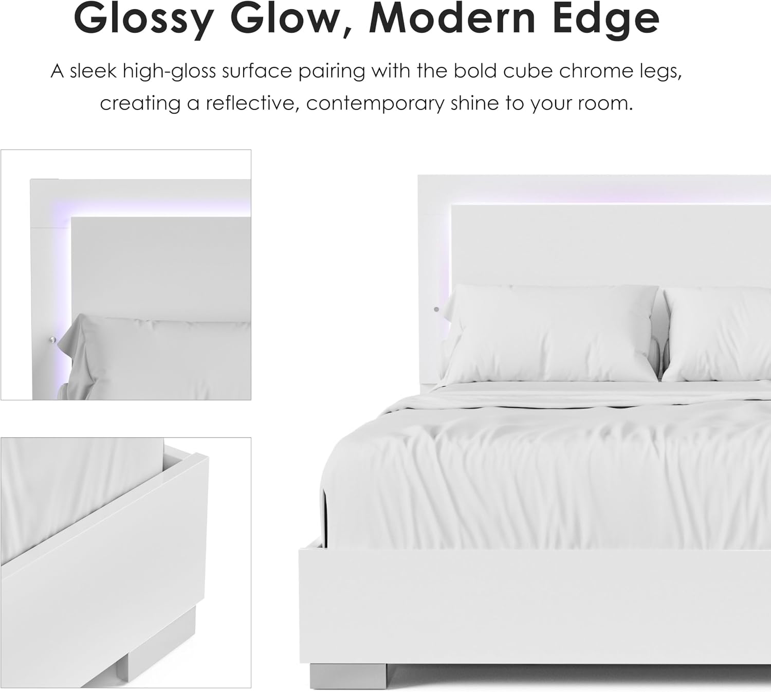 Furniture of America Alistair Modern Wood 2-Piece Bedroom Set with LED on Headboard Bed, Ball-Bearing Glides, Vertical Chrome Handles on Nightstand, Box Spring Required, Queen, White