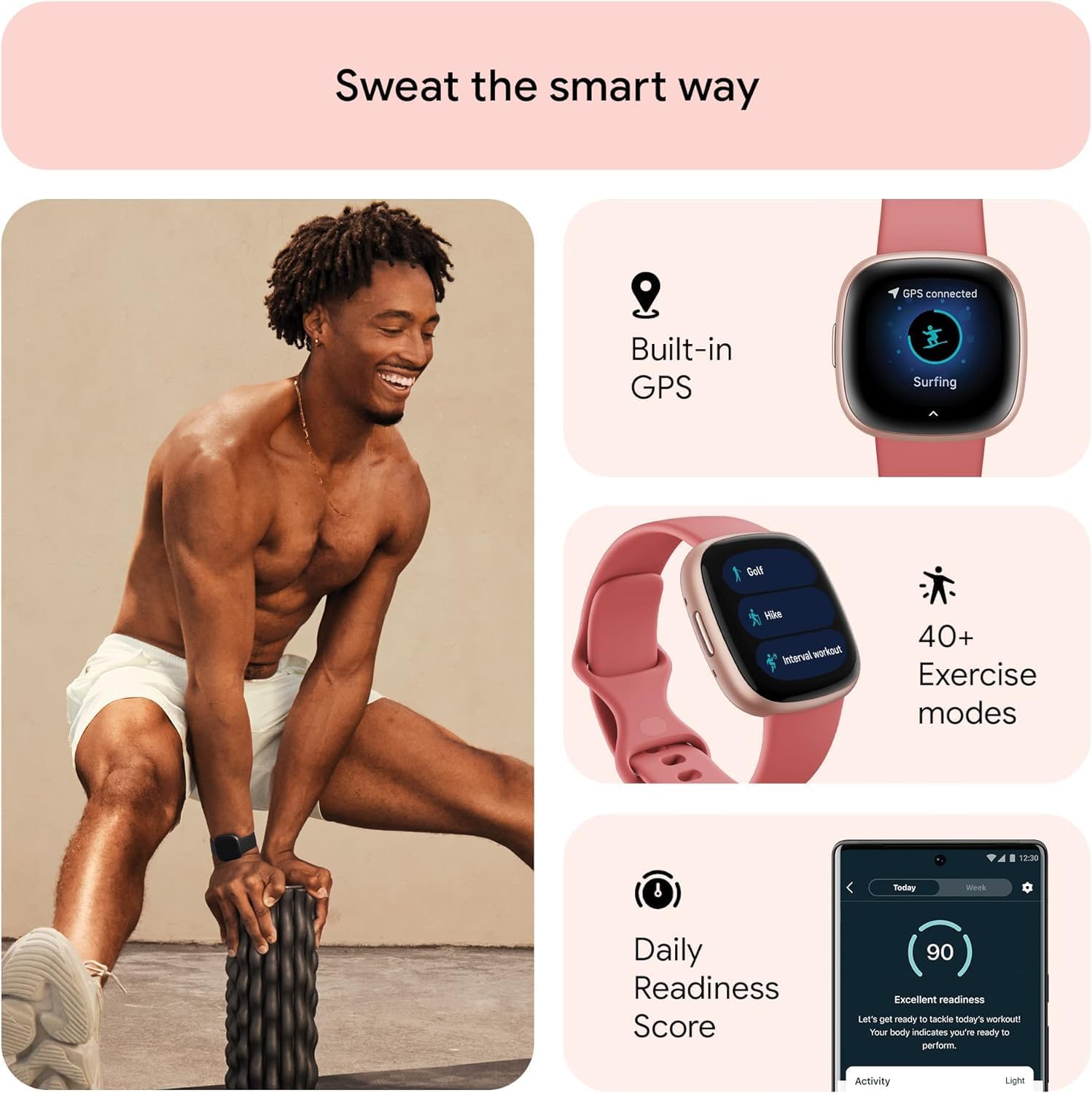 Fitbit 2 Pack Versa 4 Fitness Smartwatch with Daily Readiness, GPS, 24/7 Heart Rate, 40+ Exercise Modes, Fit Bit Smart Watch Pink Sand/Copper Rose Bundle with Cleaning Cloth and Charger