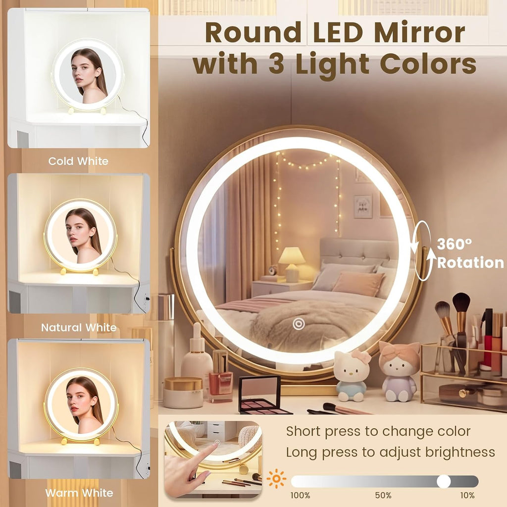 CHARMAID Corner Vanity Desk with LED Mirror & Lighted Fluted Cabinet, White Makeup Vanity Table with Charging Station, Adjustable Shelves, Space Saving Dressing Table with Stool for Small Bedroom