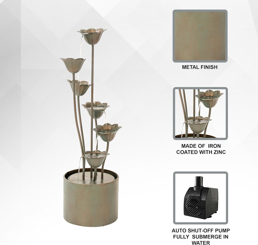 XBrand 35' Tall Silver Metal Sculptural Flower Multi-Tier Freestanding Water Fountain for Indoor & Outdoor Use, Decorative Garden Patio Backyard Water Feature