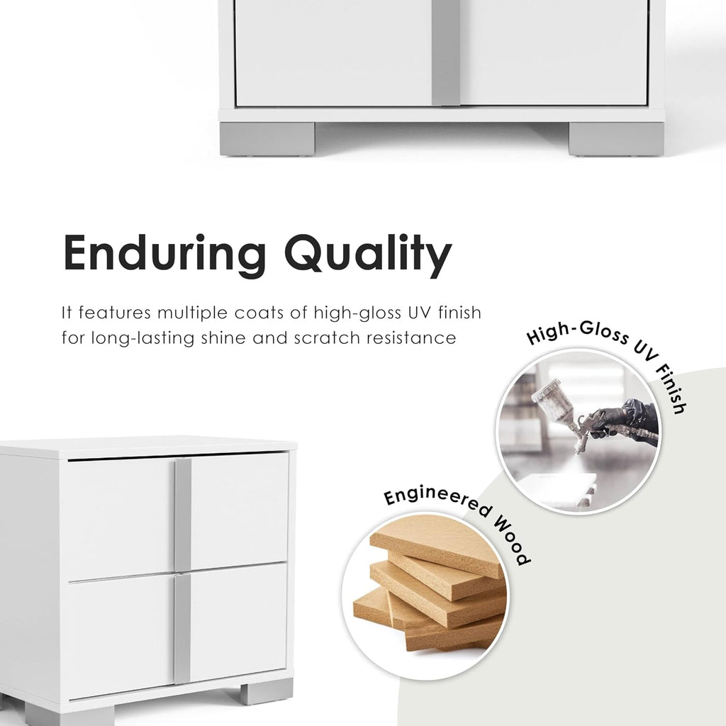 Furniture of America Alistair Modern Wood 4-Piece Bedroom Set with LED on Headboard Bed, Ball-Bearing Glides on Nightstand and Dresser with Mirror, Box Spring Required, King, White