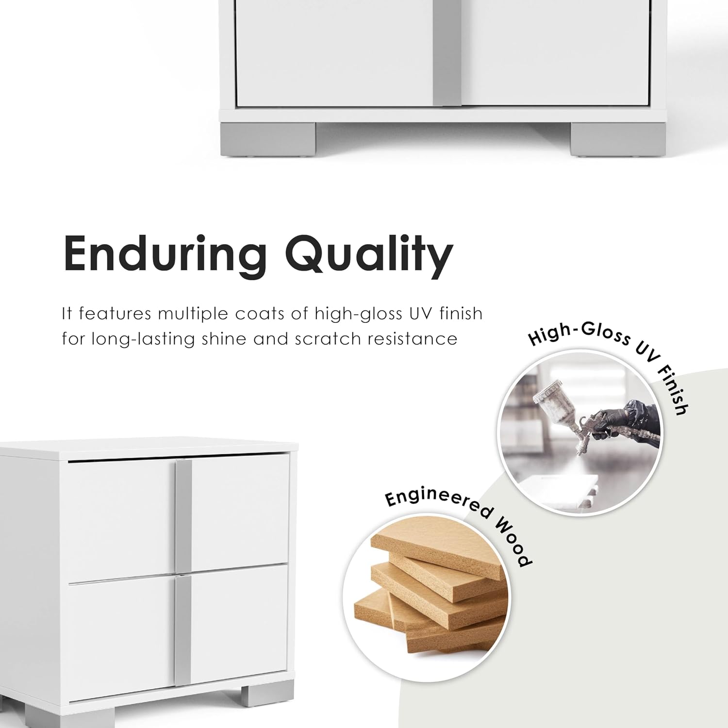Furniture of America Alistair Modern Wood 2-Piece Bedroom Set with LED on Headboard Bed, Ball-Bearing Glides, Vertical Chrome Handles on Nightstand, Box Spring Required, King, White