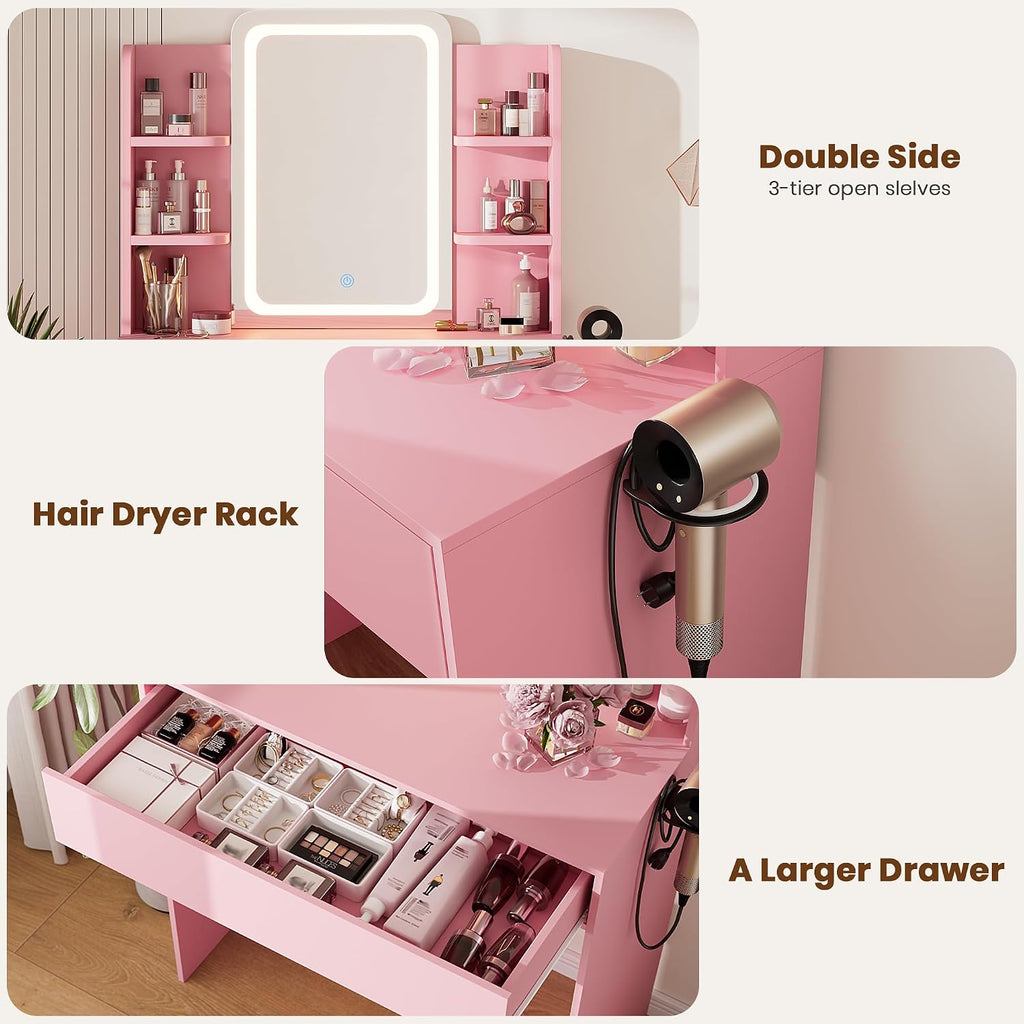 Vanity Desk with Mirror and Lights, Small Makeup Vanity Desk with Storage Drawer,3 Lighting Moders & Adjustable Brightness,Compact Dressing Table with 3-Tier Open Shelf for Girls Women Bedroom(Pink)