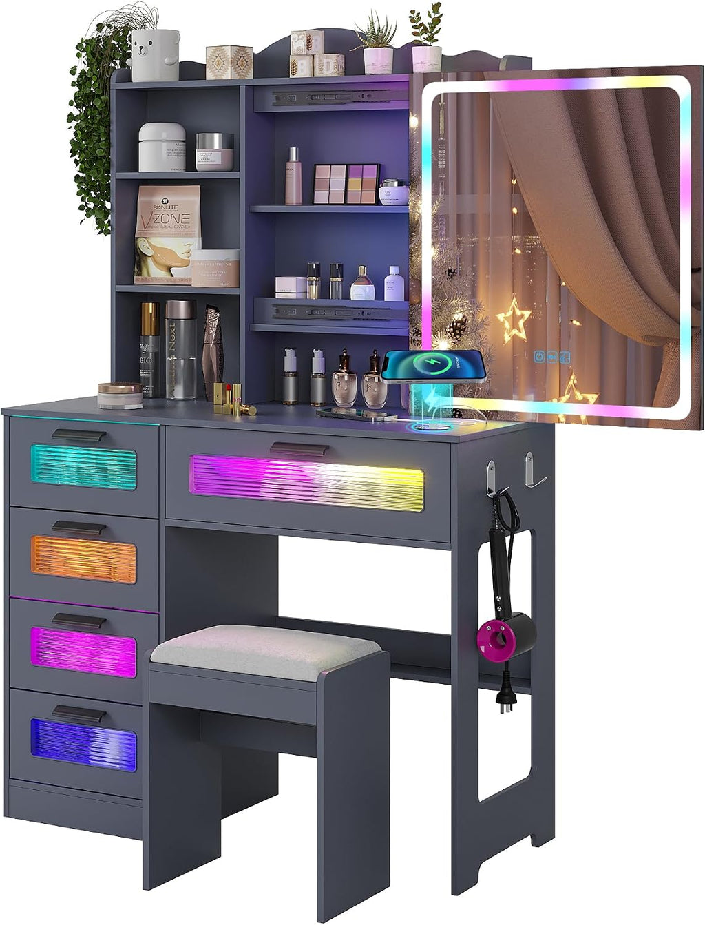 WOOVIVS Vanity with LED Mirror, 6 Drawer Dresser with Charging Station for Bedroom, Small Makeup Vanitys Table with RGB Light, Vanity Set with Chair,Jewelry Organizer for Girls-Grey