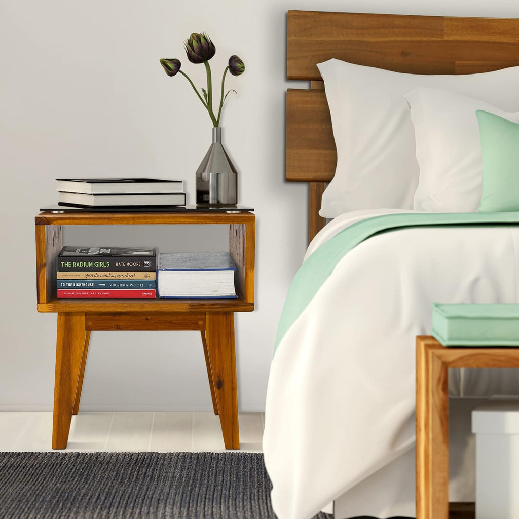 Acacia Aurora King Bed Frame with Headboard & Serena Nightstand Set – Solid Wood Platform Bed & Bedside Table, Caramel Finish