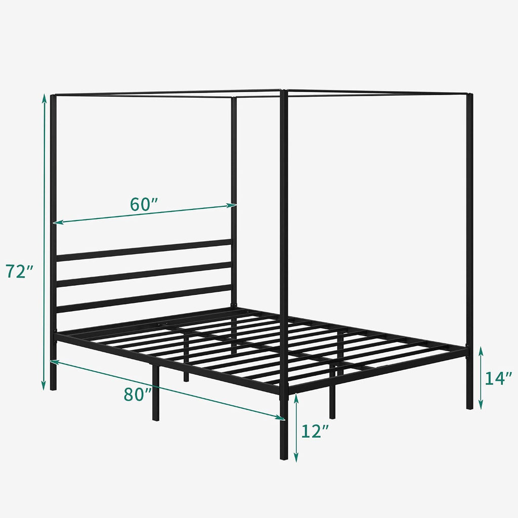 YITAHOME Canopy Bed Frame Metal Four Posters 14 Inch Platform with Built-in Headboard Strong Metal Slat Mattress Support, No Box Spring Needed, Black, Queen Size