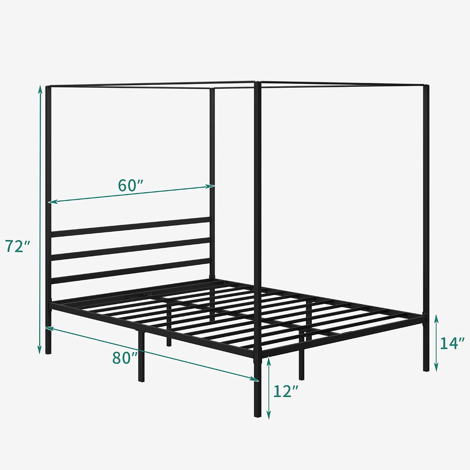 YITAHOME Canopy Bed Frame Metal Four Posters 14 Inch Platform with Built-in Headboard Strong Metal Slat Mattress Support, No Box Spring Needed, Black, Queen Size