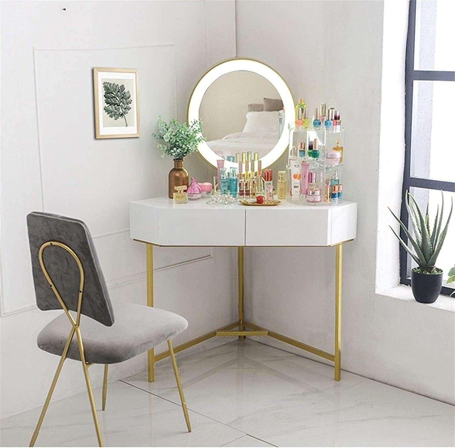 Luxury Dressing Vanity Table w/Stool for Bedroom, Dressing Table Corner Saves Space Corner Dressing Table Set with Mirror(80x80x75cm), XRKJBZ32024320