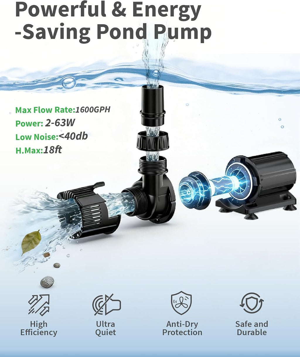 POPOSOAP Pond Waterfall Spillway with LED Lights & 1600GPH Pond Pump, 12Inch Pond Spillway Kit for Garden Ponds, Outdoor Water Feature with App & Remote Control for Backyard Landscape Decoration-P43C