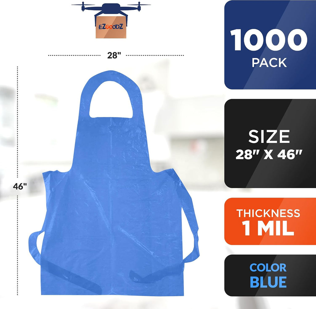 EZGOODZ Disposable Plastic Aprons for Adults 28 x 46 Inch, Pack of 1000 Blue, Waterproof Lightweight 1.0 Mil for Painting, Food Service, Cleaning