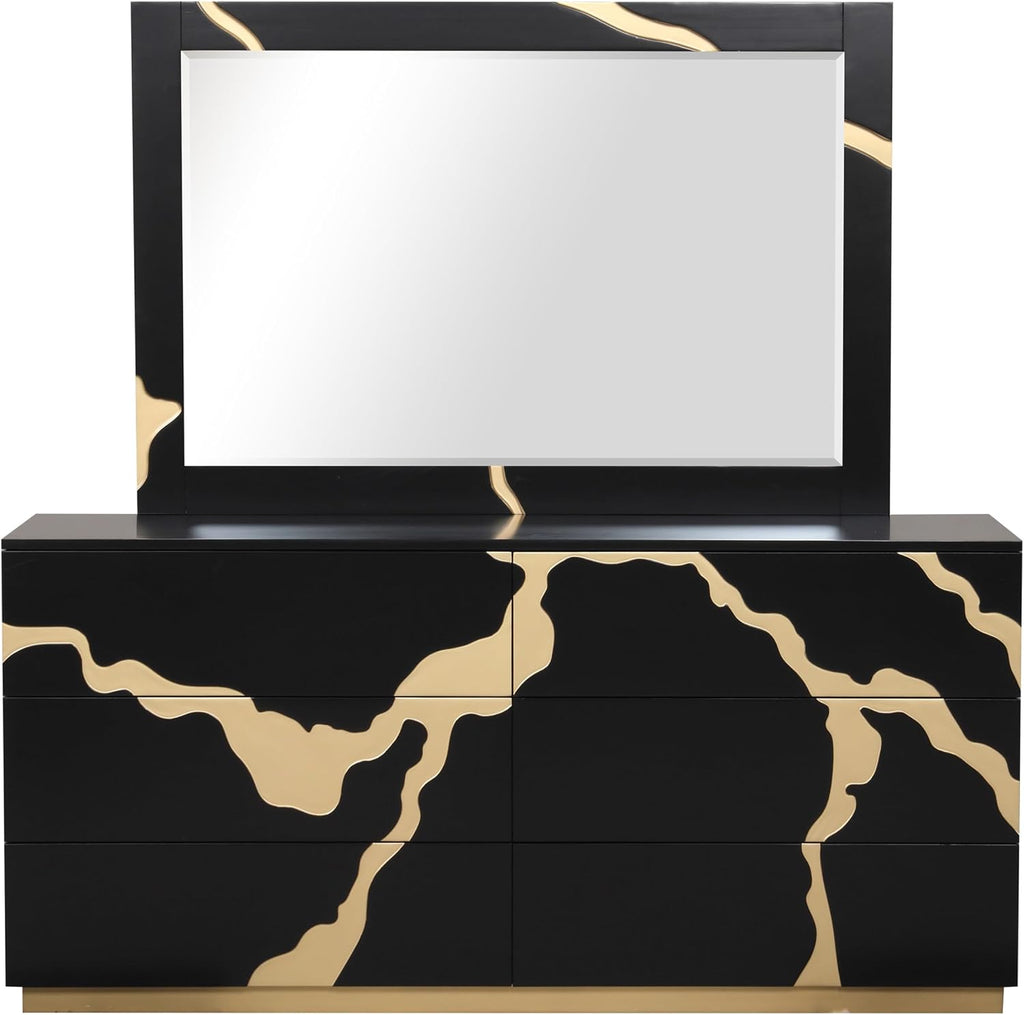 Furniture of America Quanta Modern Wood 6-Piece Bedroom Set with Panel Headboard and Gold-Painted Pattern Extended Walls, Felt-Lined Top Drawer, No Box Spring Needed, King, Black