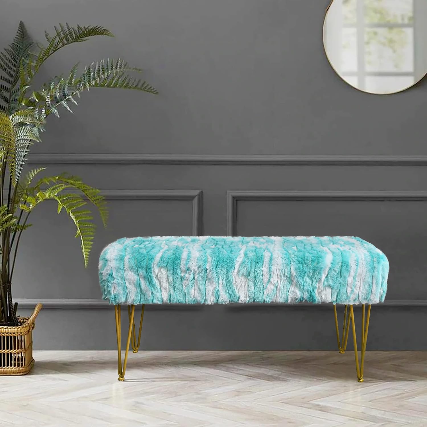 Blue Rectangle Long Bench Soft Faux Fur Ottoman 46'x16'x22' Sturdy Accent Furry Footrest Stool for Bedroom at The End of Bed Fuzzy Coffee Table for Living Room Closet Entryway Golden Legs