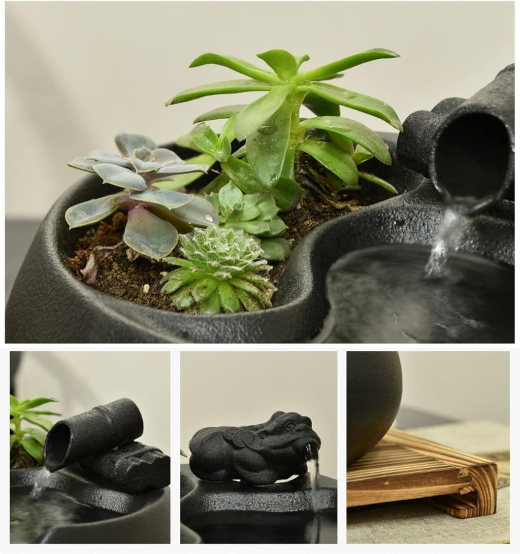 Desk Fountain Ceramic Tabletop Fountain for Indoor and Outdoor Office Patio Black Ceramic Fountain with Pump and Wooden Base Water Fountain Indoor(B)