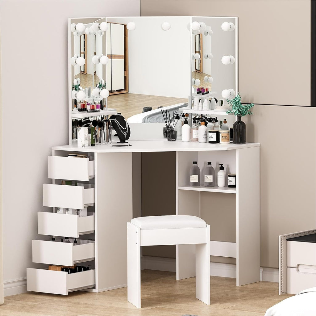 Corner Vanity Desk with Mirror and Lights, Makeup Table Set with Lighted Mirror, 3 Adjustable Lighting Colors, Cushioned Stool, 5 Drawers, Bedroom Dressing Table for Women Girls, White