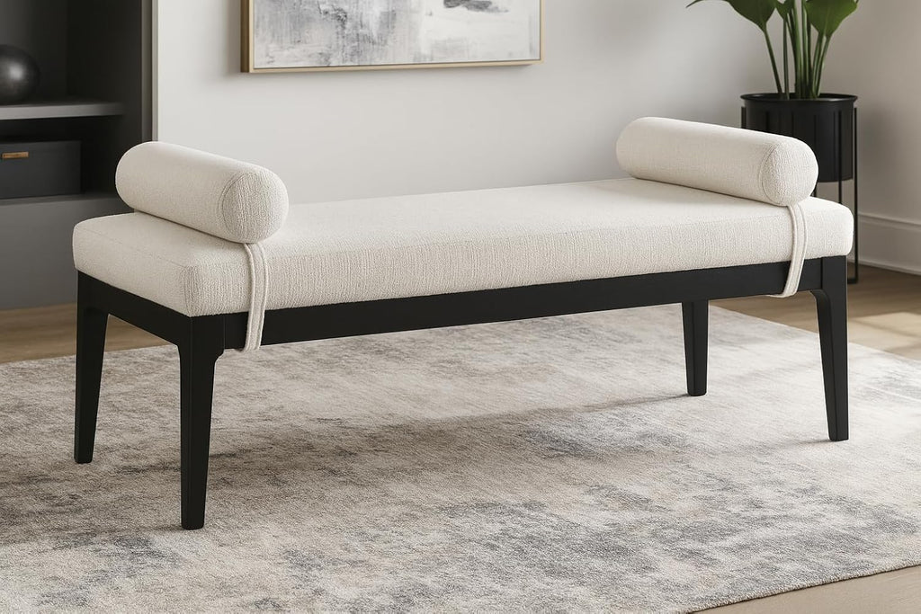 Meridian Furniture 22073Cream Priscilla Collection Art Deco Bench with Rich Linen Textured Interwoven Polyester Fabric, Light Beige Weave, Finished Solid Wood, 52' W x 22' D x 23.5' H, Cream