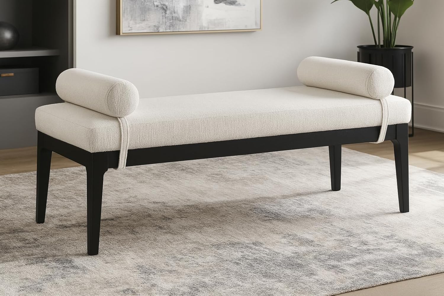 Meridian Furniture 22073Cream Priscilla Collection Art Deco Bench with Rich Linen Textured Interwoven Polyester Fabric, Light Beige Weave, Finished Solid Wood, 52' W x 22' D x 23.5' H, Cream