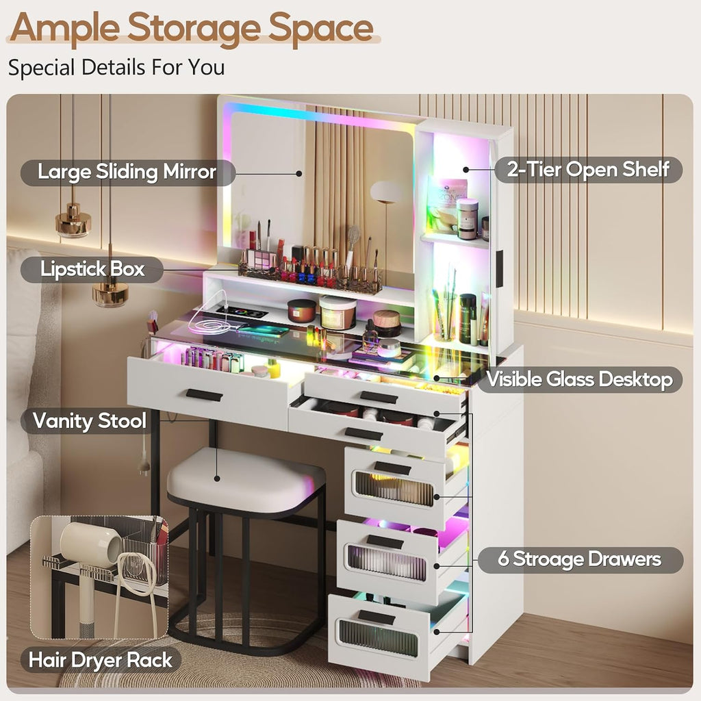 RGB Vanity Desk with Mirror and Lights, Glass Top Makeup Vanity Table with Wireless Charging Station, Girl Vanity,Dressing Table with Chair & 6 Drawers,White