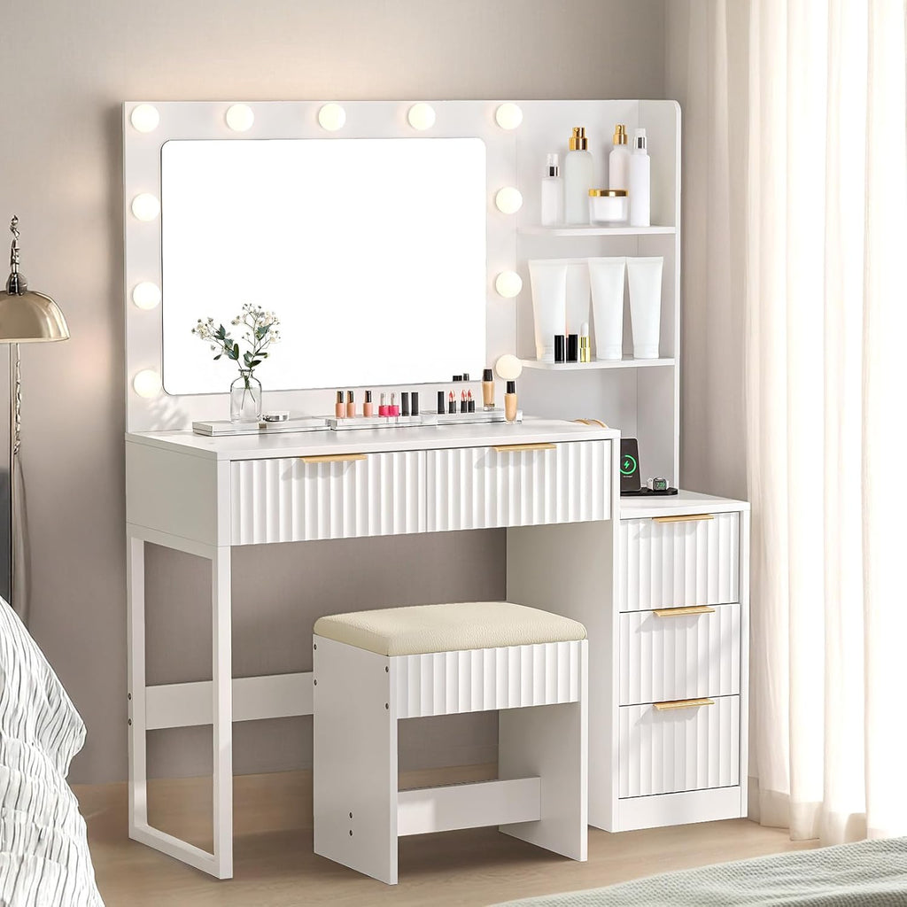 Karl home Fluted Vanity Desk with Mirror and Adjustable LED Lights, Makeup Vanity Table Set with 5 Drawers & Storage Shelves, Dressing Table with Charging Station & Stool for Women Bedroom, White