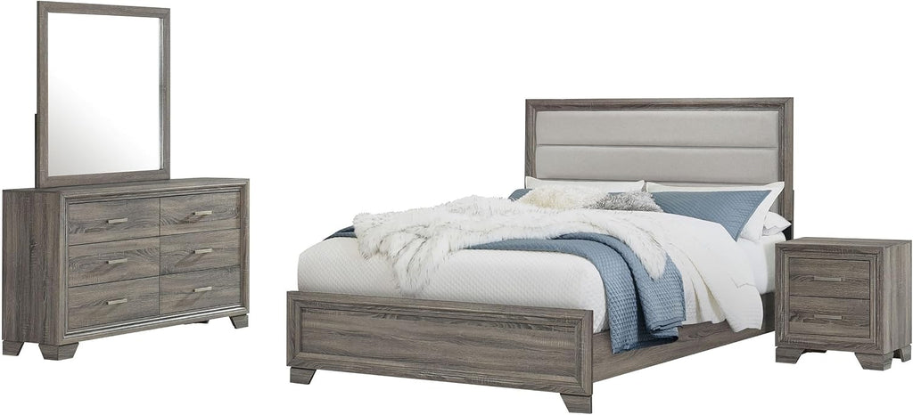 Coaster Home Furnishings Wright Transitional 4-Piece Bedroom Set Fabric Upholstered Eastern King Size Panel Bed Frame 52-inch Headboard Brown Oak 223341KE-S4