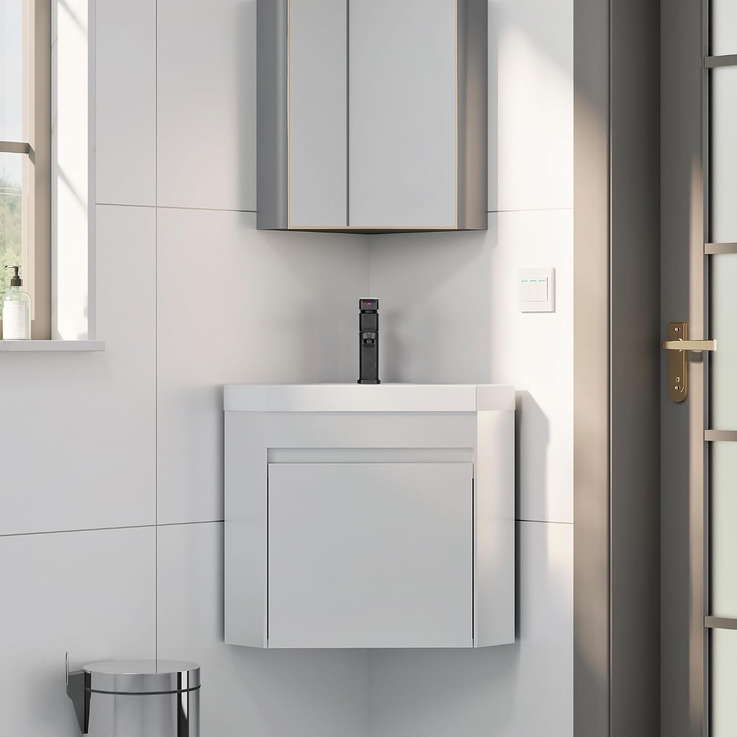 eclife 22' Corner Bathroom Vanity Sink Combo for Small Space Wall Mounted Floating Cabinet with White Resin Sink and Matte Black Faucet, White