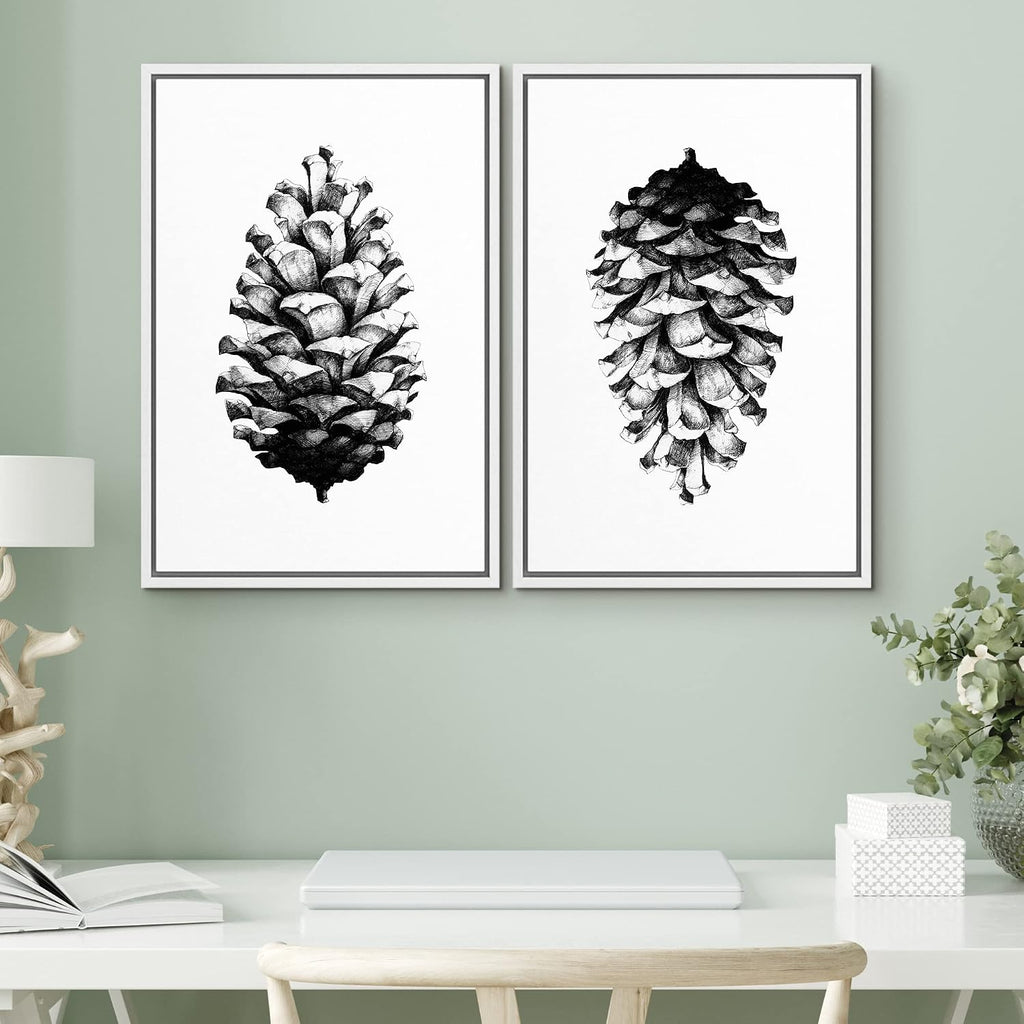 SIGNWIN Framed Canvas Print Wall Art Set Black & White Forest Woodland Pinecone Nature Wilderness Illustrations Modern Art Rustic Relax/Calm for Living Room, Bedroom, Office - 24'x36'x2 White