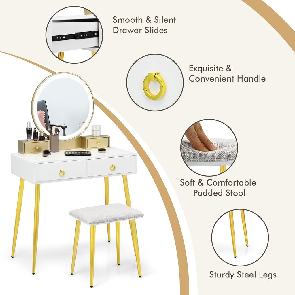 COSTWAY Vanity Table Set with Mirror and Lights, Makeup Dressing Table w/ 3 Color Lighting Modes & Adjustable Brightness, Vanity Mirror with Desk and Cushioned Stool for Women Girls (White & Gold)