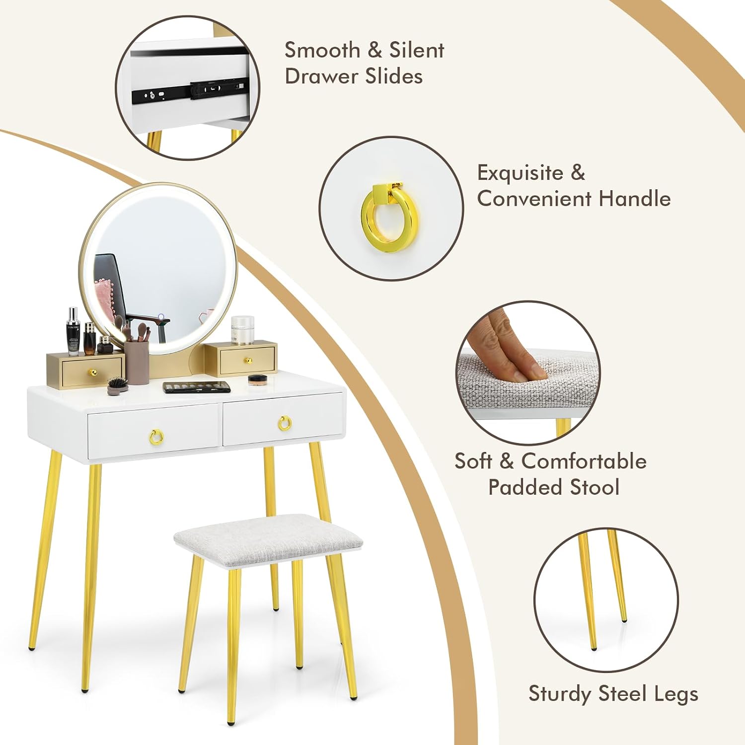 COSTWAY Vanity Table Set with Mirror and Lights, Makeup Dressing Table w/ 3 Color Lighting Modes & Adjustable Brightness, Vanity Mirror with Desk and Cushioned Stool for Women Girls (White & Gold)